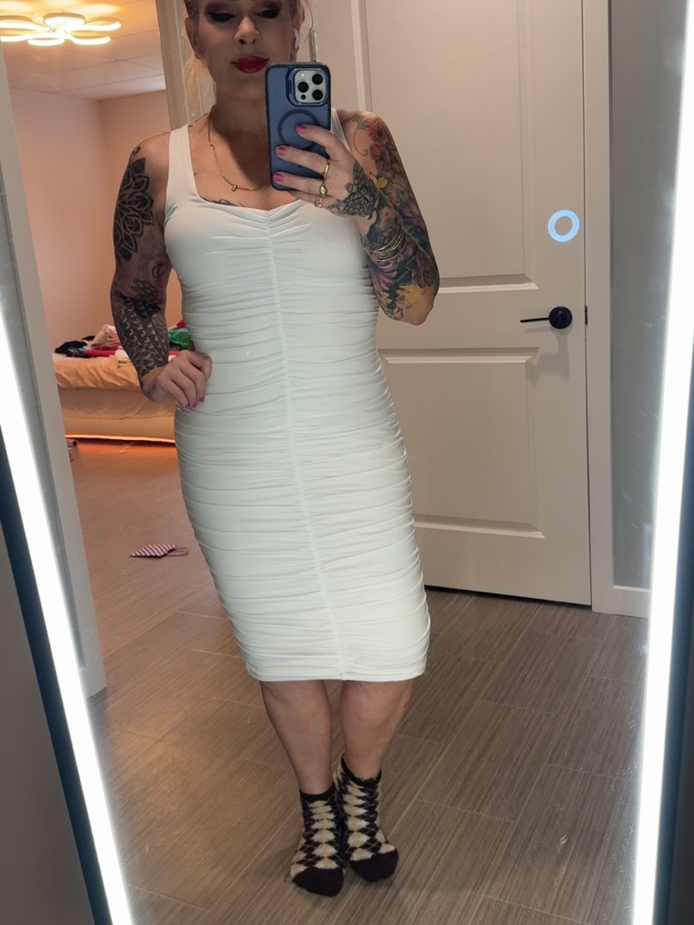 Sleeveless White Ruched Bodycon Dress